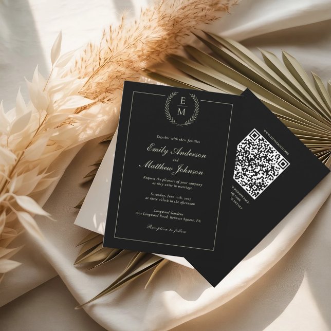 Convites Black And Sage Wedding Invitation QR Code (Criador carregado)