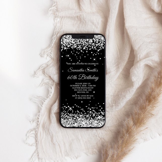 Convites Black and Silver Glitter 60º aniversário (Black and Silver Glitter 60th Birthday Invitation)