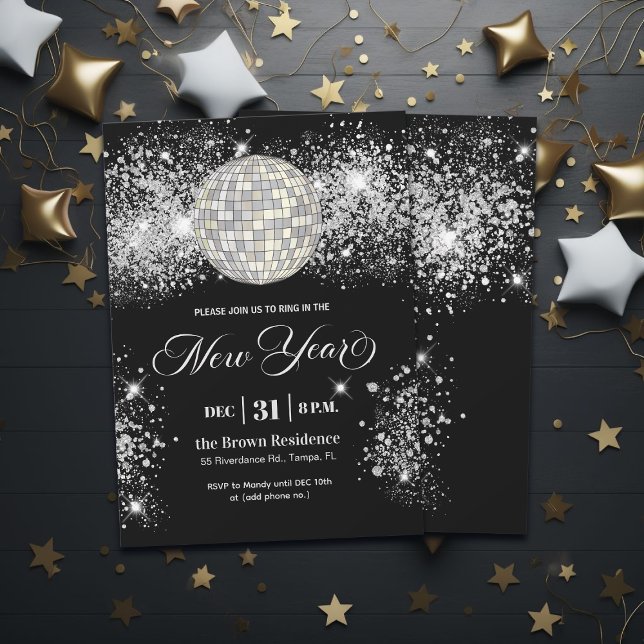 Convites Black and Silver Glitter New Year's Eve Party  (Criador carregado)