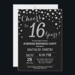 Convites Black and Silver Surprise 16th Birthday Diamond<br><div class="desc">Surpreenda o 16º Convite de Aniversário com o Fundo de Diamante de Glitter Negro e Silver. Prata Confetti.Aniversário de crianças. Menina ou Menina Adolescente Dama de Aniversário.
Para mais personalização,  clique no botão "Personalizar" e use a ferramenta design para modificar este modelo.</div>