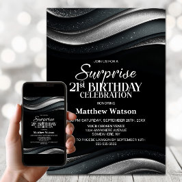 Convites Black and Silver Surprise 21st Birthday Party