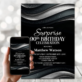 Convites Black and Silver Surprise 90th Birthday Party