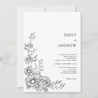 Convites Black and White Botanical Daisy Garden Wedding