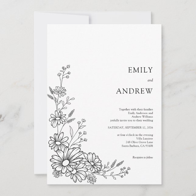 Convites Black and White Botanical Daisy Garden Wedding (Frente)