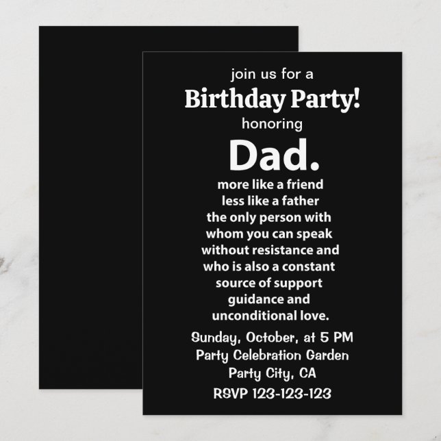 Convites Black and White Dad Daddy Quote Birthday Party (Frente/Verso)