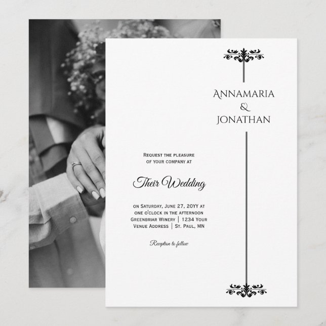 Convites Black and White Elegant Minimalist Photo Wedding | (Frente/Verso)