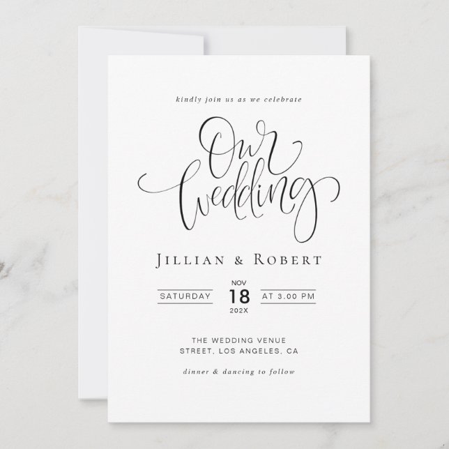 Convites black and white elegant script wedding invitation (Frente)