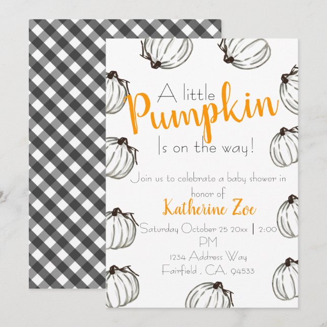 Convites Black and white fall pumpkin baby shower invite (Frente/Verso)
