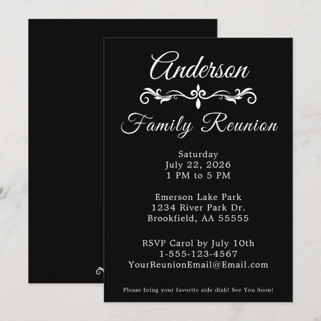 Convites Black and White Family Reunion Elegant Script  Inv (Frente/Verso)