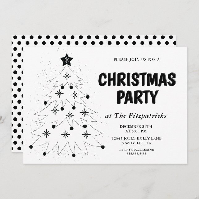 Convites Black and White Festive Tree Christmas Party (Frente/Verso)