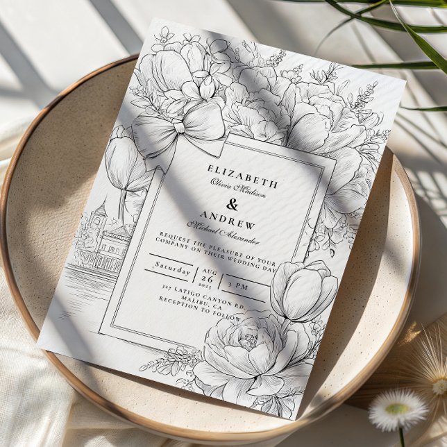 Convites Black and White Floral Bow Wedding (Criador carregado)