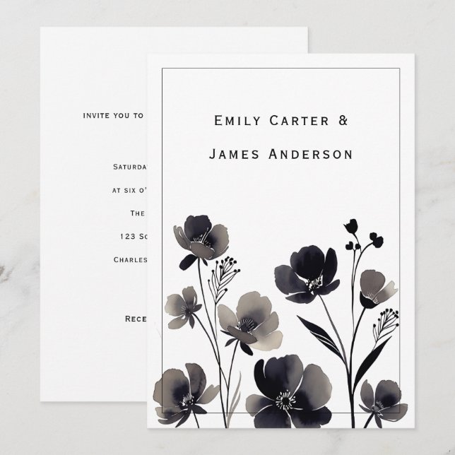 Convites Black and White Floral Wedding (Frente/Verso)