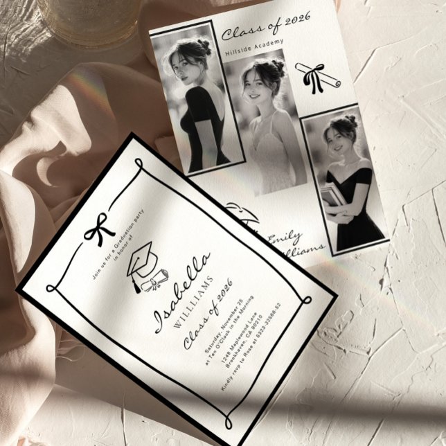 Convites Black and White Hand Drawn Bow graduation (Criador carregado)