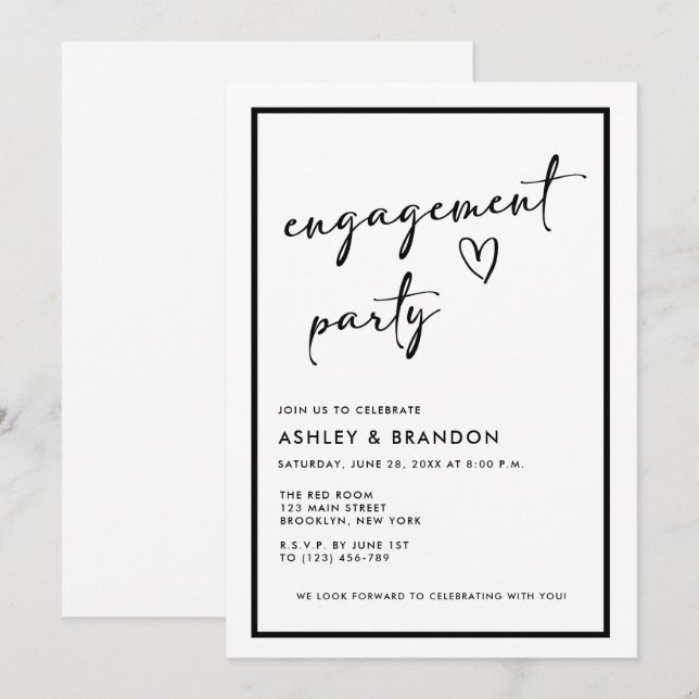 Convites Black and White Modern Engagement Party (Frente/Verso)