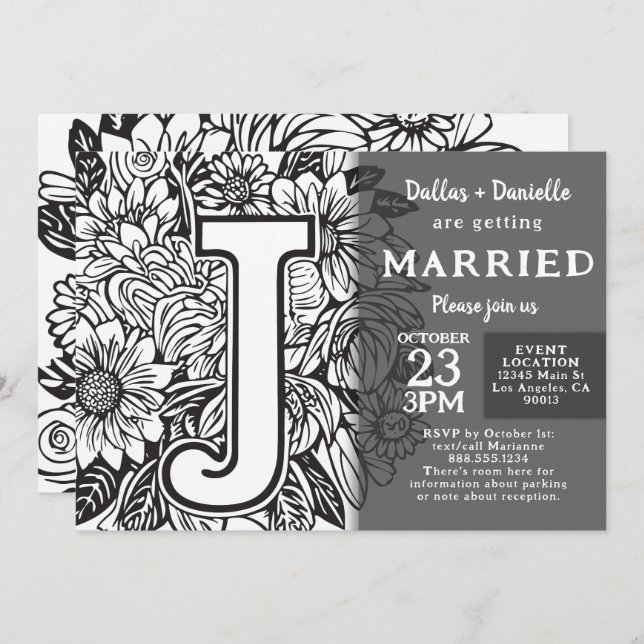 Convites Black and White Monogram J Tattoo Flowers Wedding (Frente/Verso)