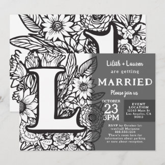 Convites Black and White Monogram L Tattoo Flowers Wedding