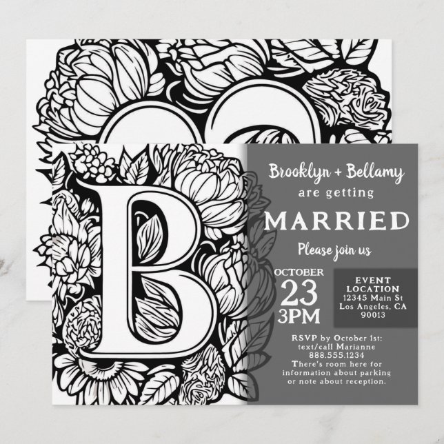 Convites Black and White Monogram Tattoo Flowers Wedding (Frente/Verso)
