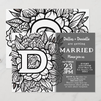 Convites Black and White Monogram Tattoo Flowers Wedding