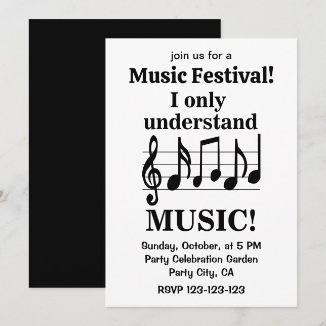 Convites Black and White Music Notes Music Festival (Frente/Verso)
