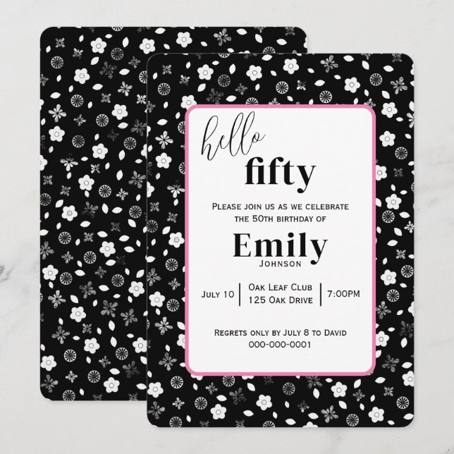 Convites Black and White Posy para a 50ª Festa de aniversár (Frente/Verso)