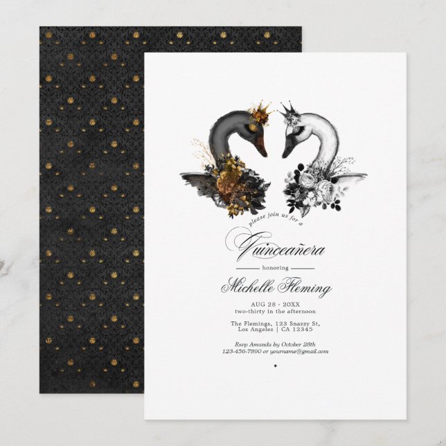 Convites Black and White Swans Quinceañera (Frente/Verso)