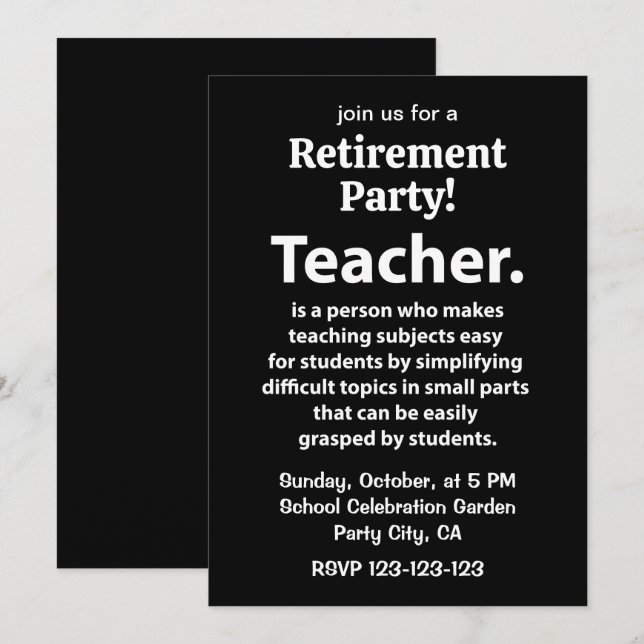 Convites Black and White Teacher Retirement Party (Frente/Verso)