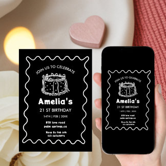 Convites Black and white Wavy Birthday hand drawn cake