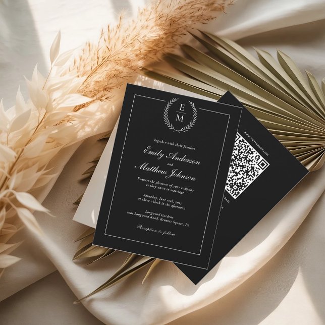 Convites Black And White Wedding Invitation QR Code (Criador carregado)
