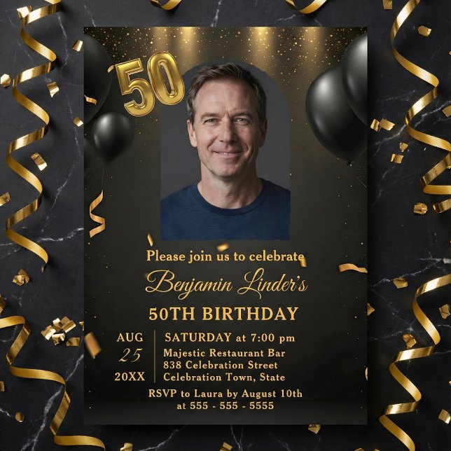 Convites Black Balloons & Gold Confetti Photo 50th Birthday (Criador carregado)