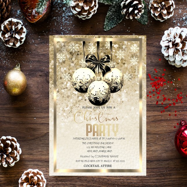 Convites Black Balls Snowflakes Dourado Natal da Companhia (Criador carregado)