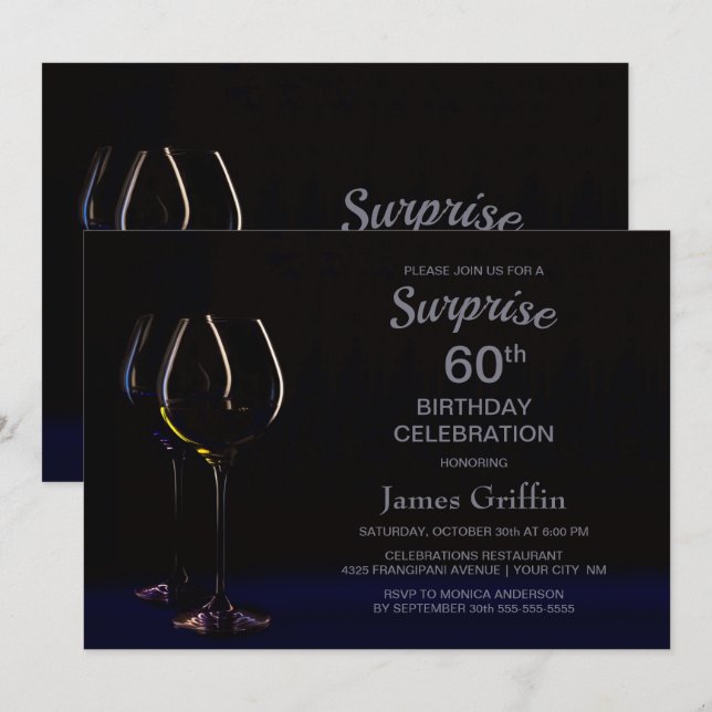 Convites Black Blue Surprise 60th Birthday Wine Glass Party (Frente/Verso)