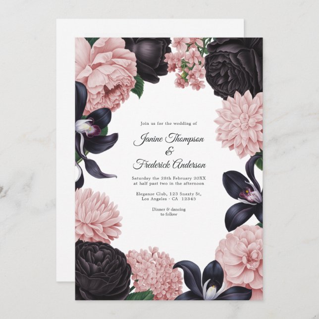 Convites Black & Blush Photo/QR Code Floral Wedding (Frente/Verso)