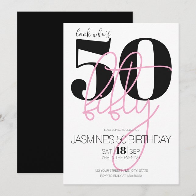 Convites Black Blush Rosa Moderno Elegante 50 Aniversário  (Frente/Verso)