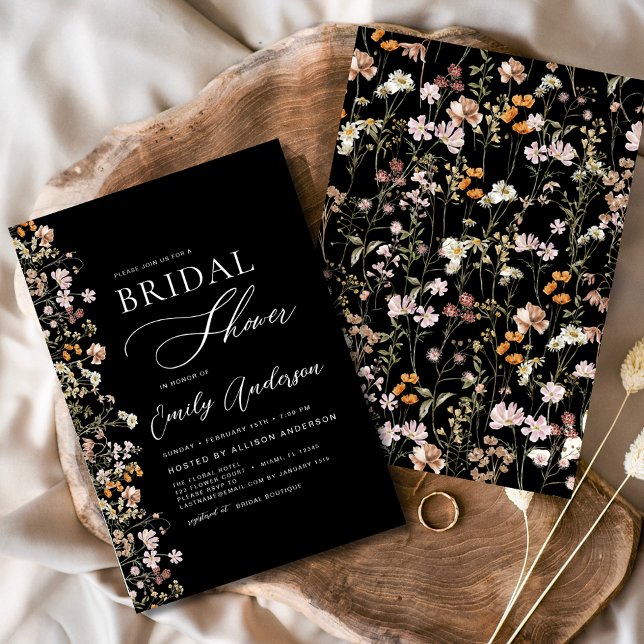 Convites Black Boho Wildflower Chá de panela Elegante (Criador carregado)