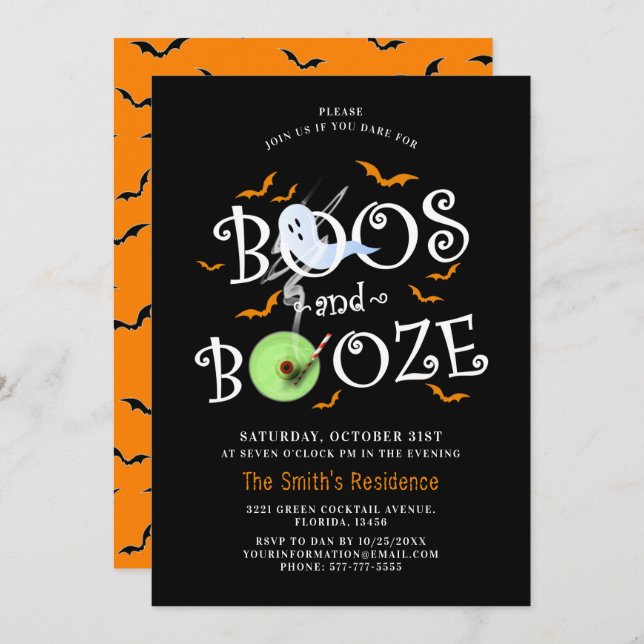 Convites Black Boos e Booze Festa de Halloween (Frente/Verso)