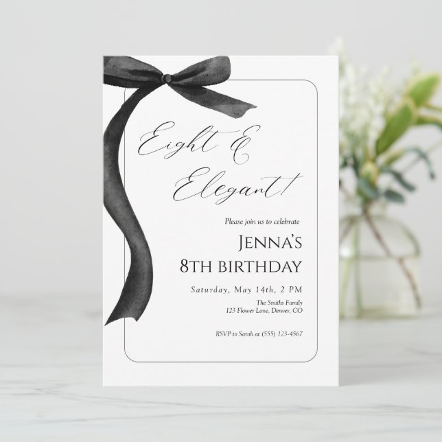 Convites Black Bow 8th Birthday Invitation  (Em pé/Frente)