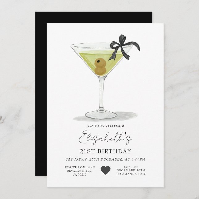 Convites Black Bow A tiny bit older Olive Martini Birthday (Frente/Verso)
