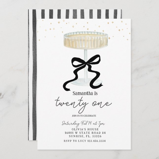 Convites Black Bow Champagne Glass Party Invite (Frente/Verso)