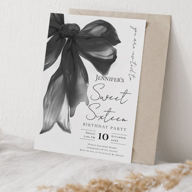 Convites Black Bow Coquette Script Sweet 16 Party (Criador carregado)