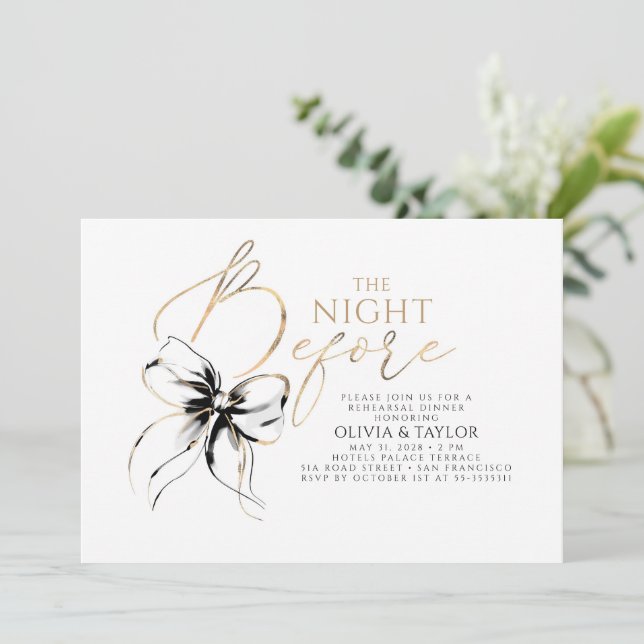 Convites Black Bow Elegant Modern Chic Rehearsal Dinner (Em pé/Frente)