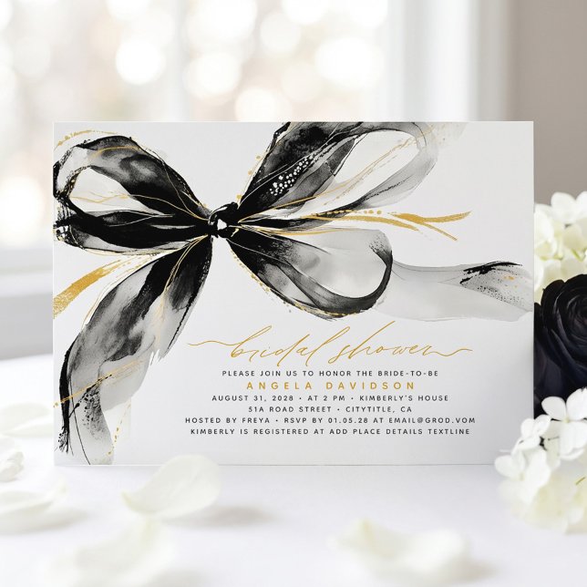 Convites Black Bow Elegant Romantic Modern Bridal Shower (Black Bow Whimsical Hand Drawn Bridal Shower Invitation )