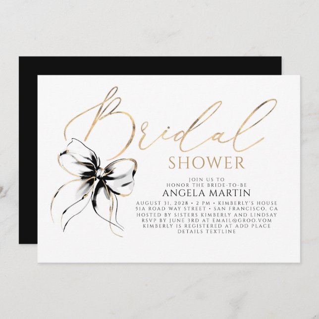 Convites Black Bow Elegant Romantic Modern Bridal Shower (Frente/Verso)