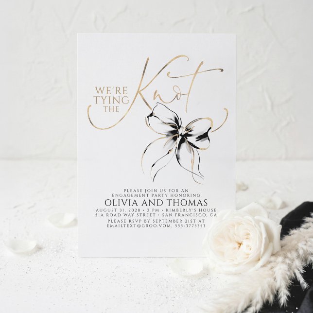 Convites Black Bow Elegant Whimsical Engagement Party (We Are Tying The Knot Black Bow Whimsical Modern Engagement Party Invites)