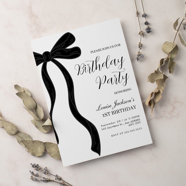 Convites Black Bow First Birthday Party Invitation (Criador carregado)