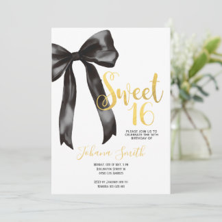 Convites Black Bow Gold Sweet Sixteen Girl Birthday Party