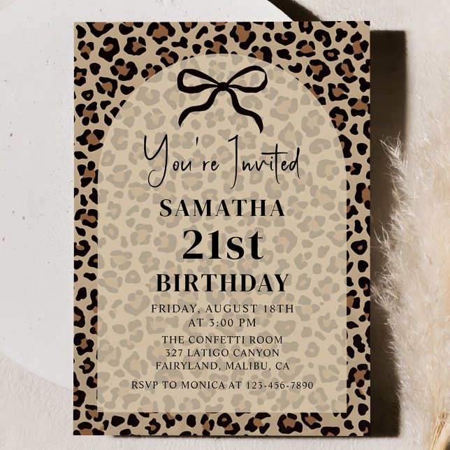 Convites Black Bow Leopard Cheetah Birthday Invitation (Criador carregado)