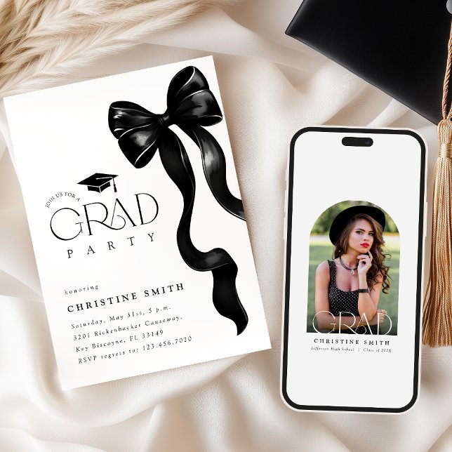 Convites Black Bow Photo Graduation Party Invitation (Criador carregado)