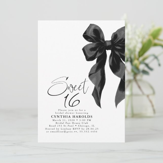 Convites Black Bow Sweet 16 Birthday (Em pé/Frente)