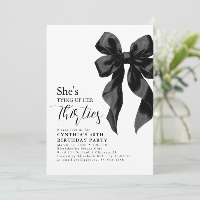 Convites Black Bow Tying Up Her Thirties 40Th Birthday (Em pé/Frente)