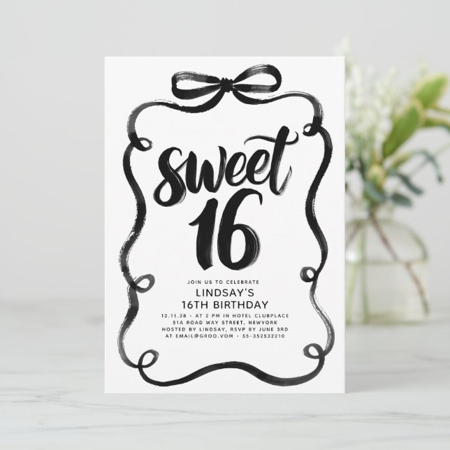 Convites Black Bow Whimsical Sweet 16th Birthday (Em pé/Frente)